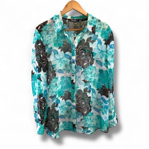 Additions by Chico’s Floral Button-Up Blouse women’s XL (Chicos size 3) sheer - Picture 2 of 5